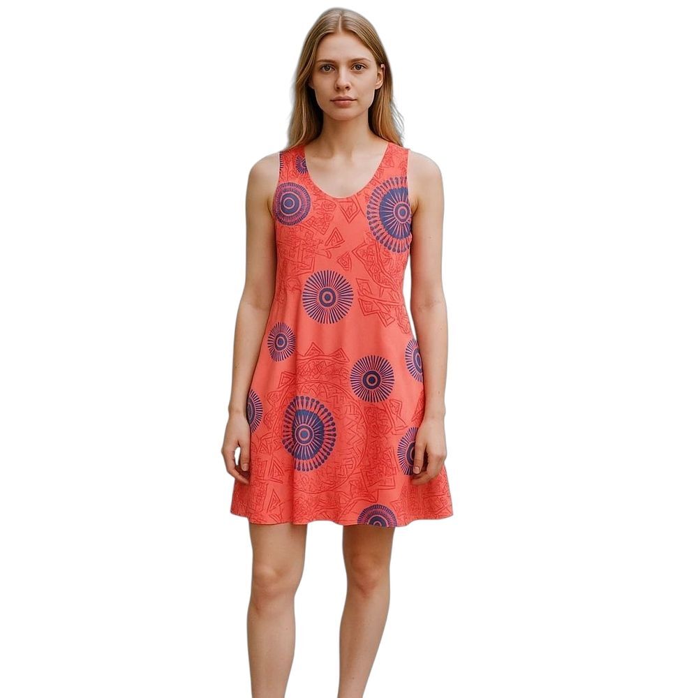 Two Layered Silky Lined Tank Dress Orange Bold Aztec Sphere Print M Pullover EUC - Picture 8 of 12